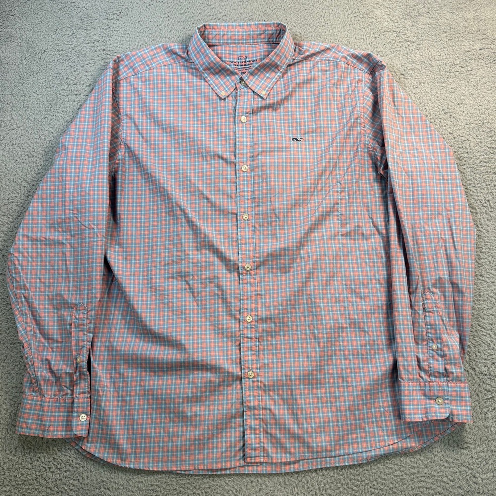 Vineyard Vines Performance Whale Shirt XXL Mens Orange Blue Plaid Classic Fit